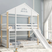 Letto a castello 90x200 cm con scivolo e scala a tre gradini in legno e MDF bianco e colore naturale