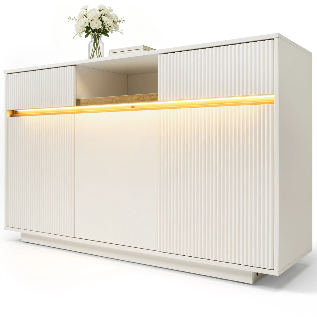 Cassettiera Bianca con LED ¨C MINIMAL ¨C 2 Cassetti, 3 Ante, 140x40x85 cm