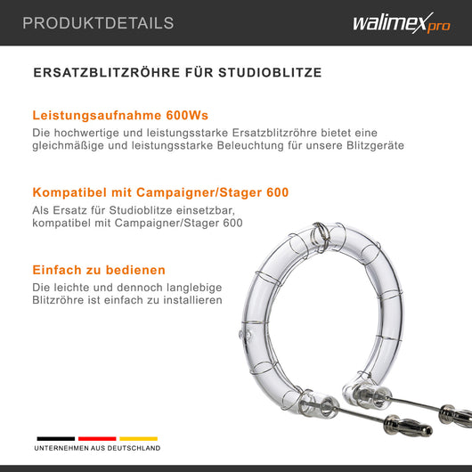 Tubo flash di ricambio compatibile con Campaigner 600 e Stager 600, potenza 600 W, Temperatura colore 5400-5800 K, per studio fotografico