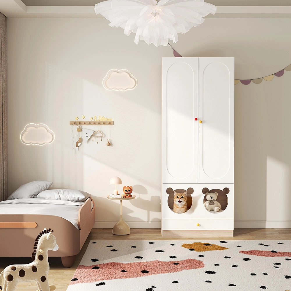 Armadio bambino con cuccia per gatto - Xylo - ante laccate, maniglie ceramica, 80x50x200 cm, bianco e naturale