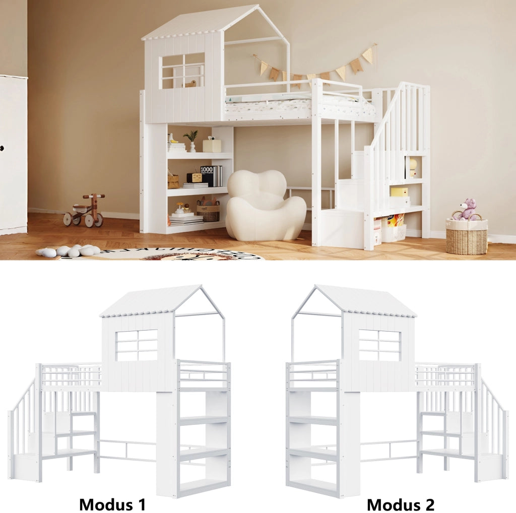 Letto a soppalco 90x200 cm con scala contenitore e scaffale; metallo e MDF; bianco