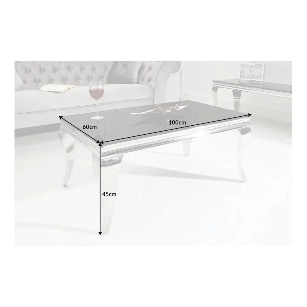 Tavolino basso VELENA 100 cm argentato con vetro temperato nero – Gambe curve in stile barocco