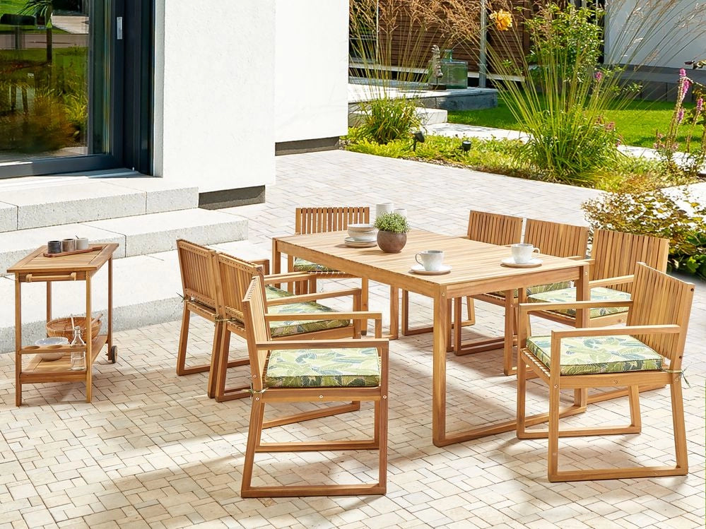 Set da Giardino Legno di Acacia chiaro con Tavolo e 8 Sedie con Cuscini verde giardino terrazzo