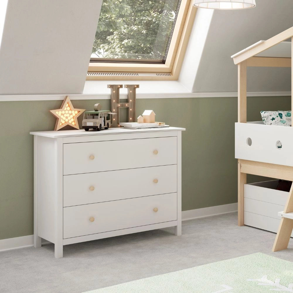 Comò Max 3 cassetti in legno massiccio colore bianco