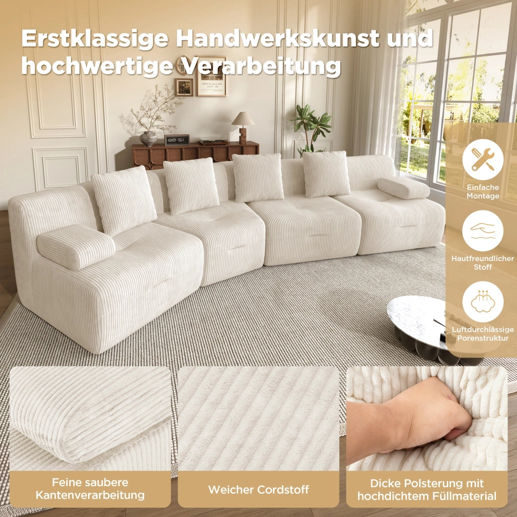 DIVANO modulare 4 posti in corduroy beige chiaro 311 x 90 x 65 cm