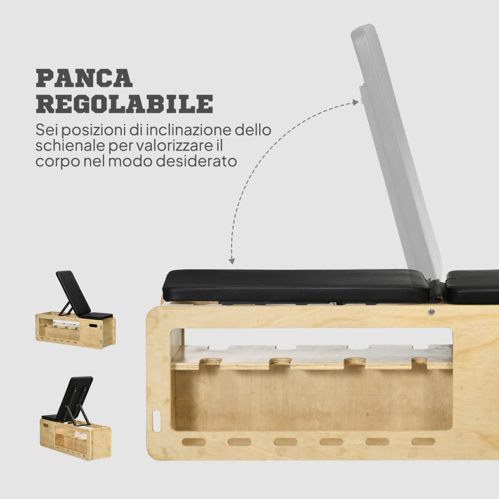 Panca Multifunzione con Schienale Regolabile, Vano Contenitore, Rack per Pesi ed Elastici, Legno