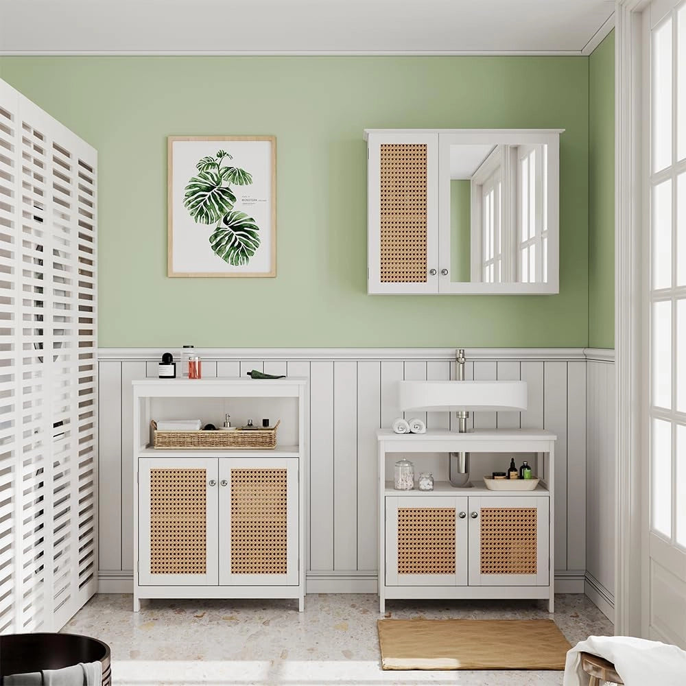 Mobiletto bagno Rosario, Bianco, 60 x 80 cm con ante e vano a giorno, per la conservazione di articoli da bagno e asciugamani