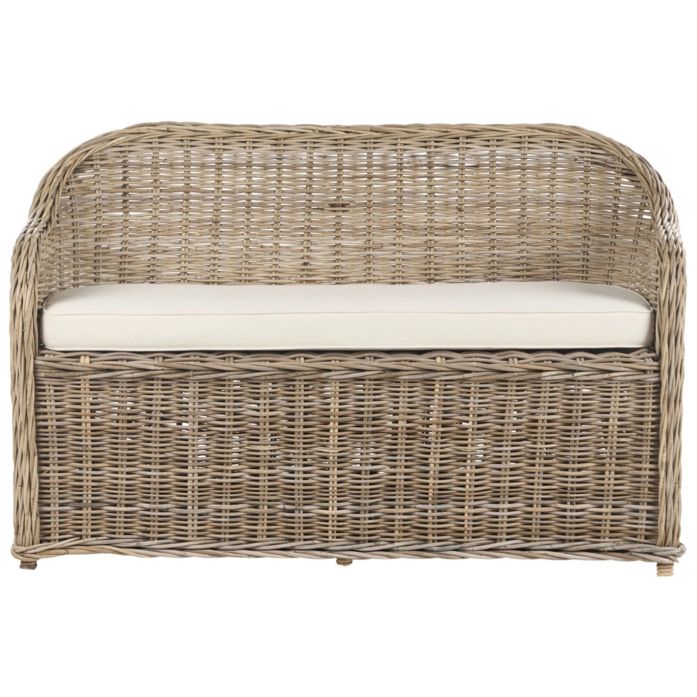 Panca 2 posti in rattan naturale con cuscini tessuto bianco sporco stile boho esterno giardino
