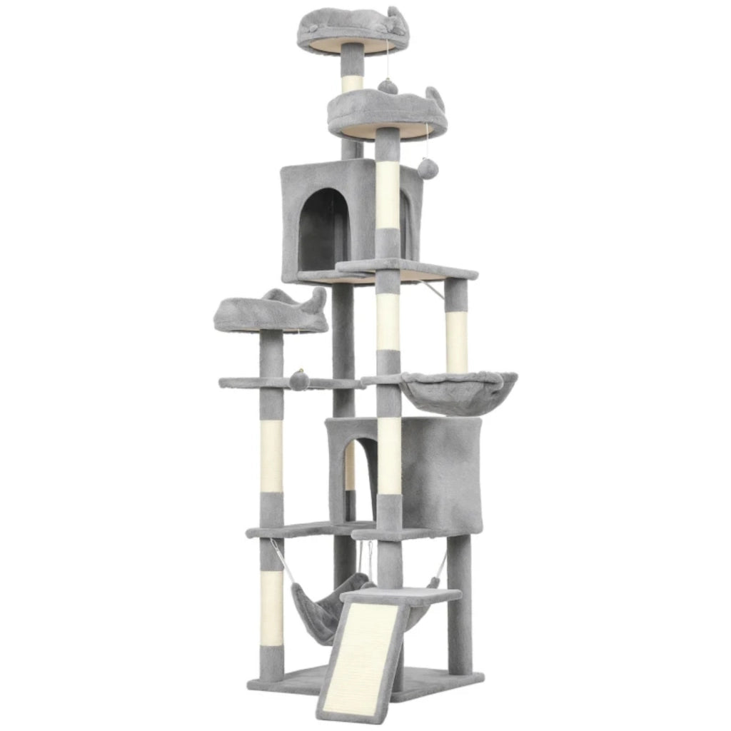 Albero tiragraffi a torre per gatti, con 8 pali per graffiare, 4 piattaforme, 2 nicchie, scaletta e 3 palline gioco, altezza totale 192 cm.
