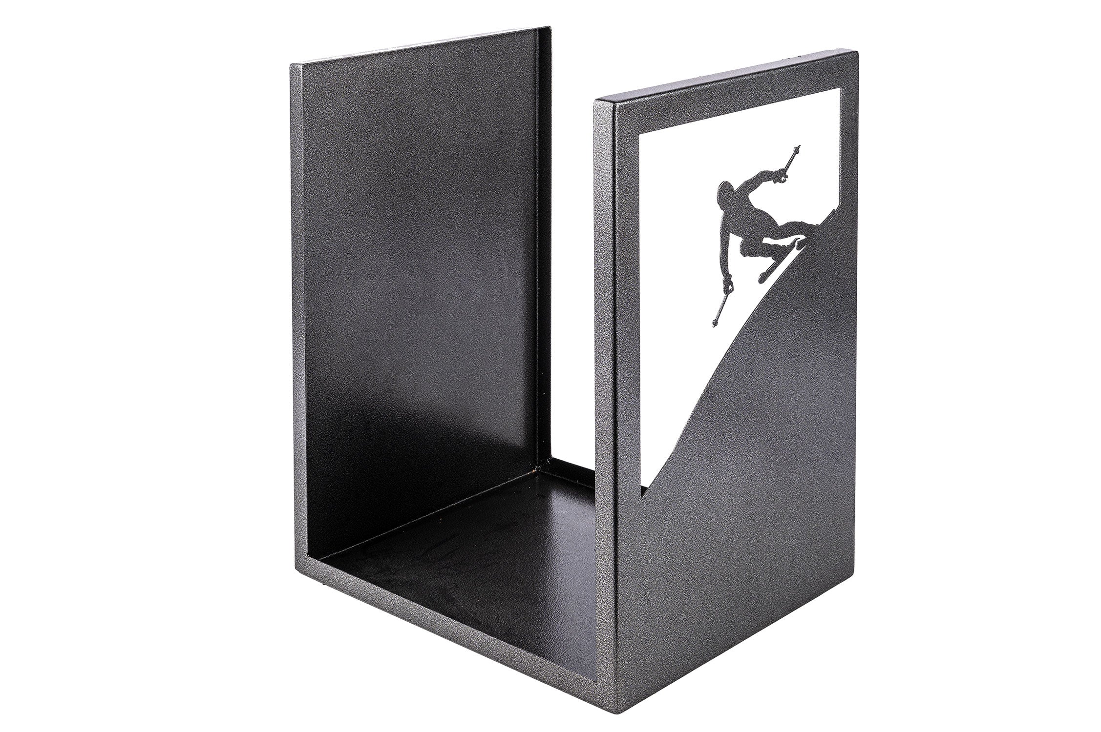 Porta Legna Sagomato Sciatore 40,5x35,5x50 cm in Ferro Verniciato Grigio Martellato