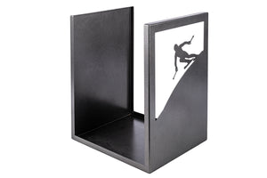 Porta Legna Sagomato Sciatore 40,5x35,5x50 cm in Ferro Verniciato Grigio Martellato