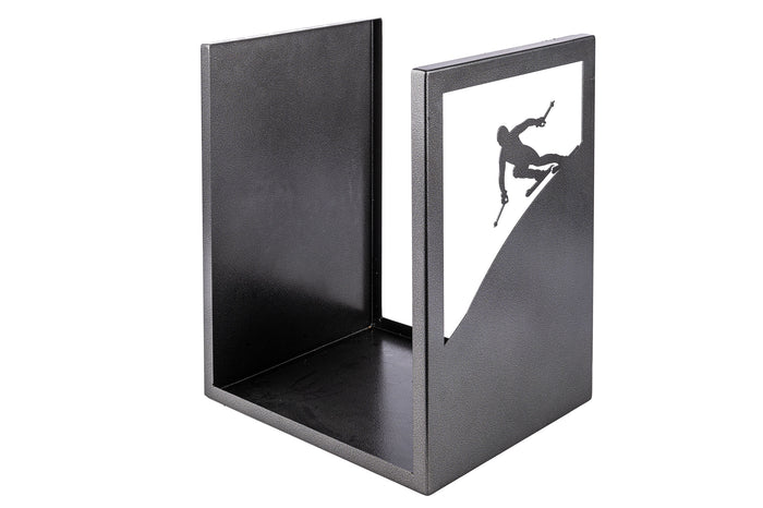 Porta Legna Sagomato Sciatore 40,5x35,5x50 cm in Ferro Verniciato Grigio Martellato