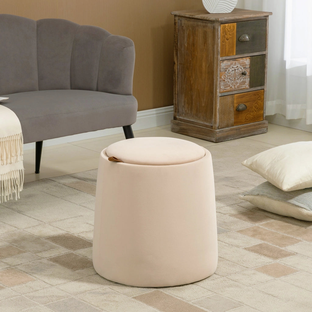 Pouf rotondo imbottito con contenitore e coperchio reversibile Ø44 x 47,5 cm, beige, effetto velluto