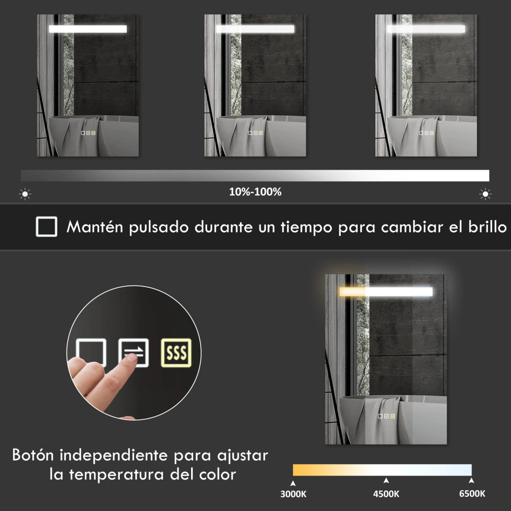 Specchio da Bagno con Luce LED 70x50 cm Antivaho 3 Colori ¨C zephmum ¨C Bianco