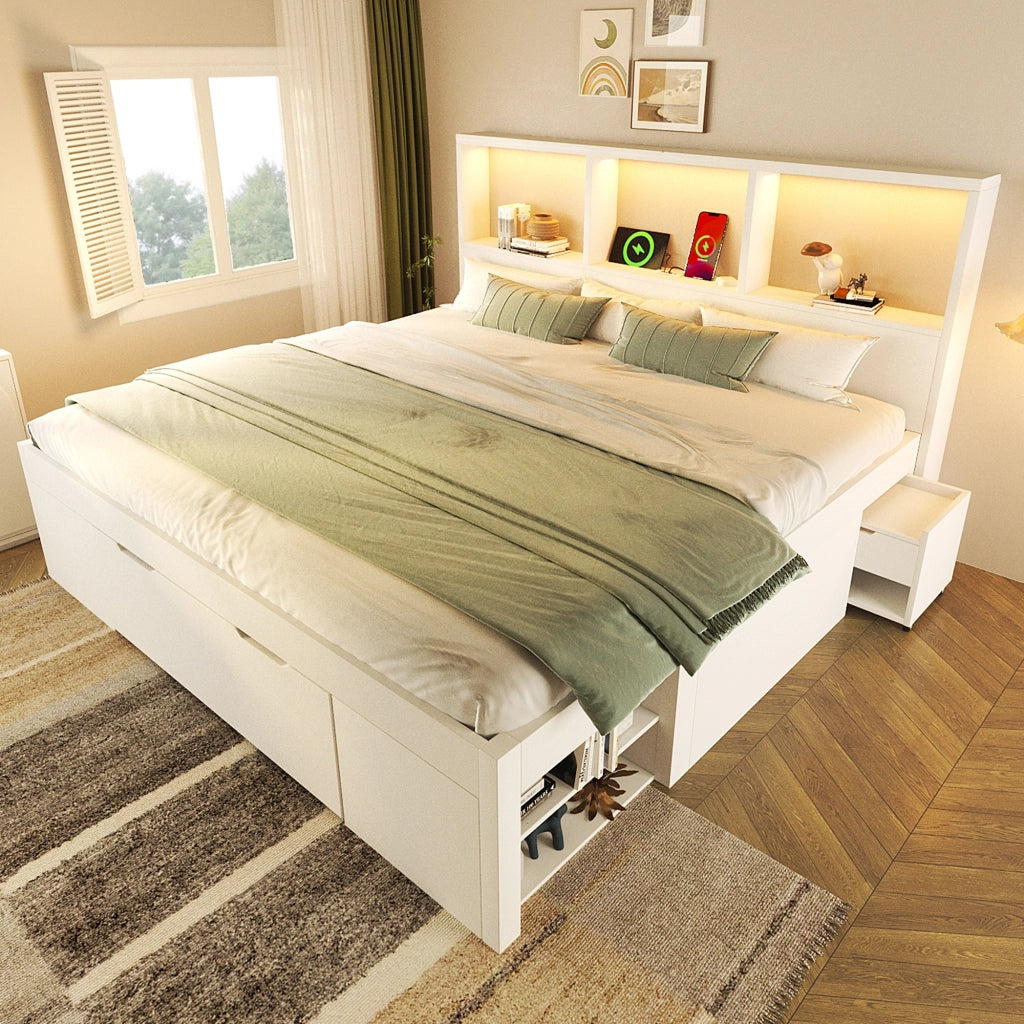 Letto Matrimoniale 140x190 cm; USB; Type-C; LED Regolabile e Mensole - in Legno - Bianco
