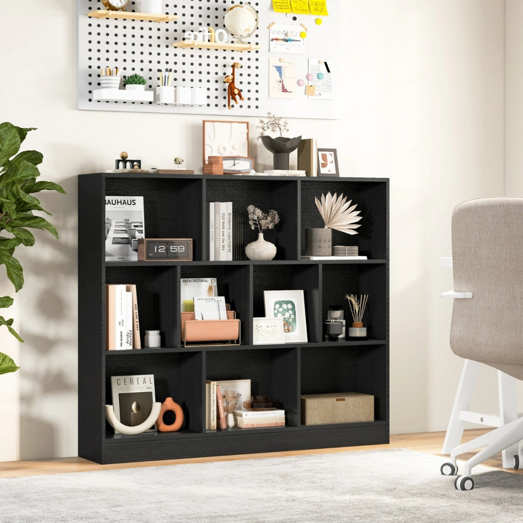 Libreria a 10 cubi con 2 kit anti-ribaltamento, Organizzatore di stoccaggio a 3 ripiani in legno alto 104cm Nero-Librerie
