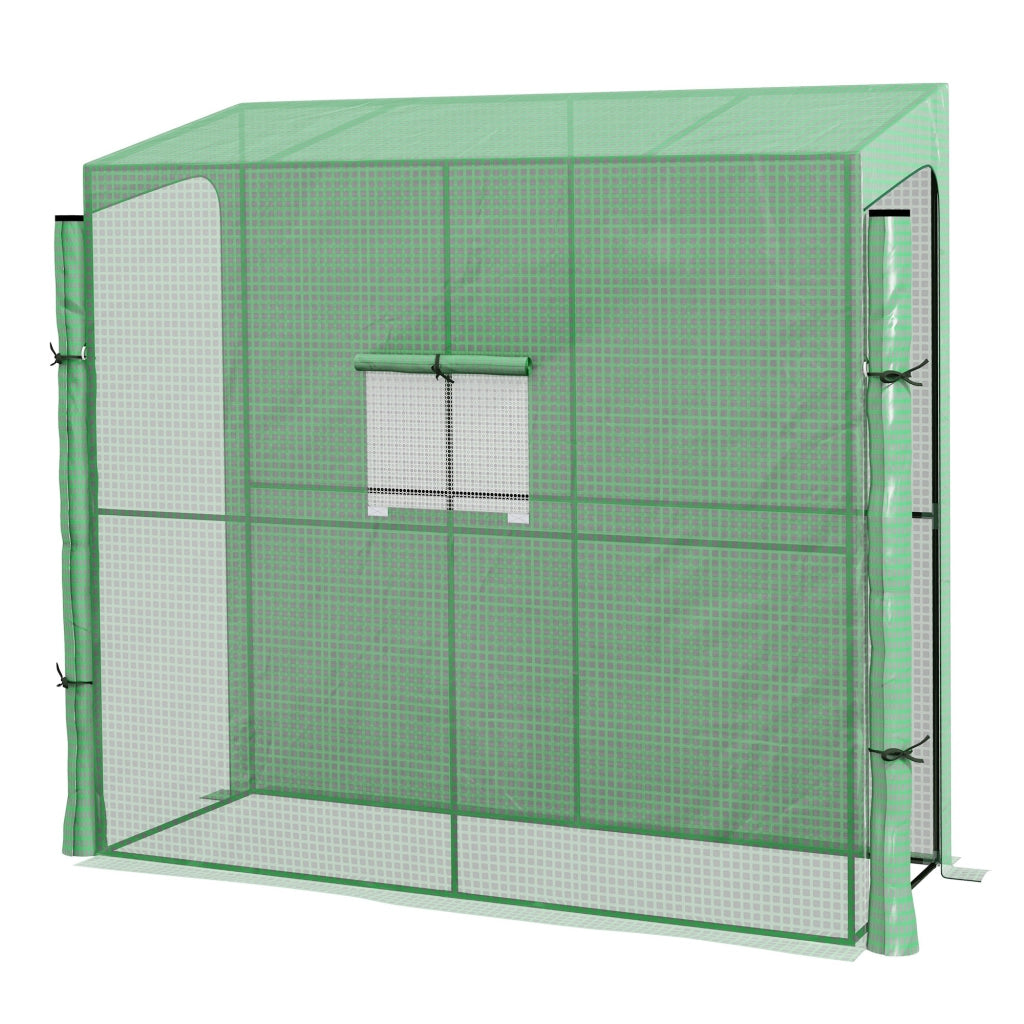 Serra a parete in PE verde con 2 porte e finestre laterali, struttura in acciaio, 200 x 80 x 200/180 cm
