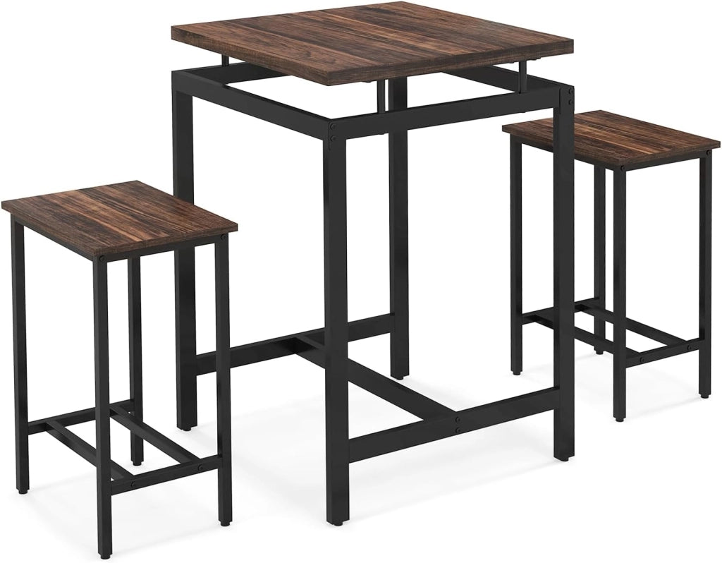 Tavolo da Bar con Sgabelli da Bar Incorporati, Tavolo da Pranzo con 2 Sedie, Tavoli da Cucina ad Altezza Banco, Piano a Sbalzo Spesso 30 mm, Marrone Rustico