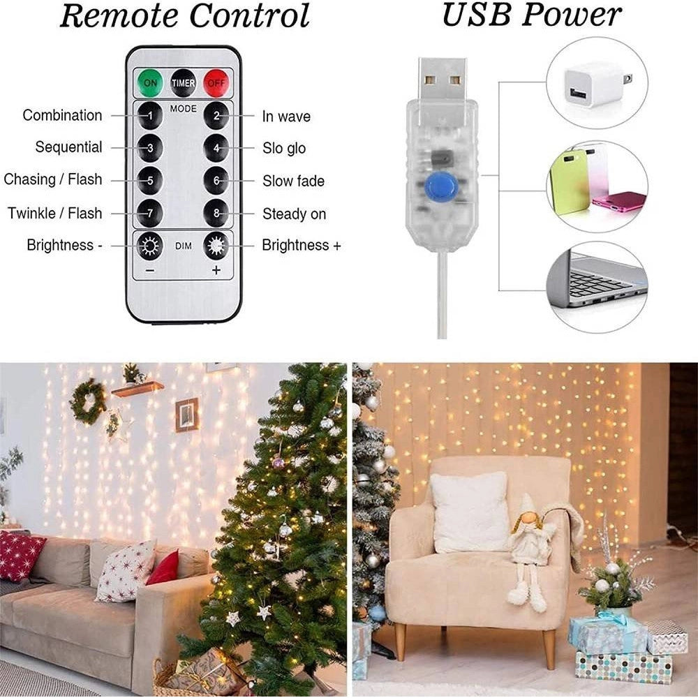 Trade Shop - Tenda Luminosa Led Catena Luci Usb 8 Modalità Luce Telecomando Bianco Caldo 3x3mt -