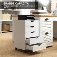 Cassettiera da Ufficio a 5 Cassetti con Ruote Girevoli con Freni, 40x40x67 cm, Bianco