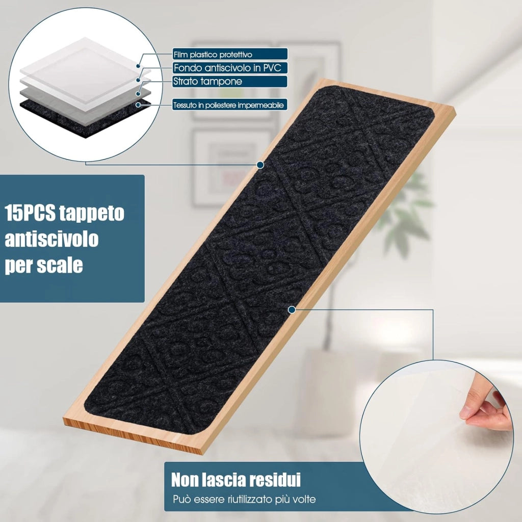 15 Tappetini Antiscivolo per Scale 76 x 20 cm, Tappeti Antiscivolo per Gradini di Scale di Legno da Interno, Tappetini Impermeabili per Scale per Bambini, Anziani e Animali (Grigio)