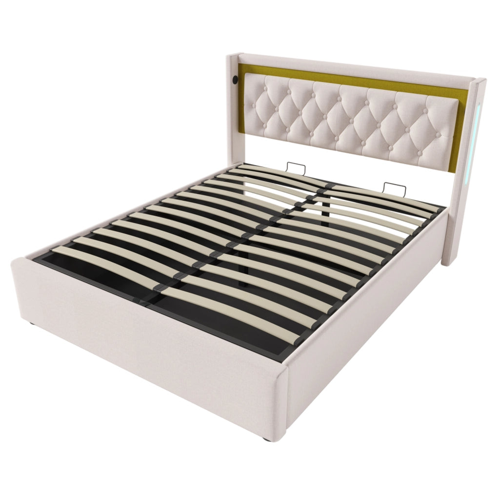 Letto 140x200 cm beige chiaro – LED, contenitore e USB-C, con materasso