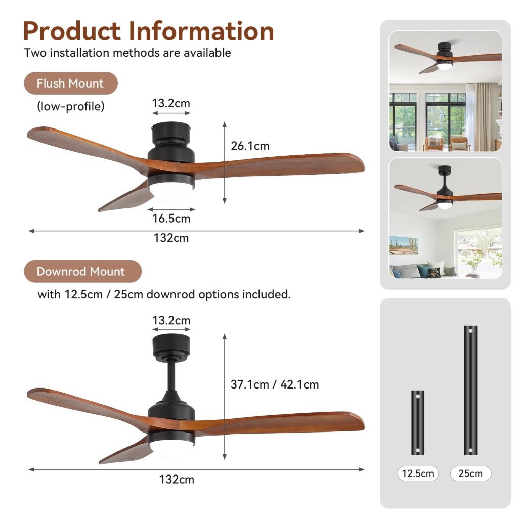 Ventilatore da soffitto 52 pollici con luce LED dimmerabile e motore DC, nero