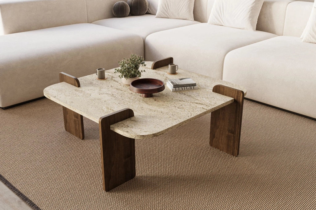 Tavolino in legno "Afrolli" - 90 x 90 x 35 cm - Travertino