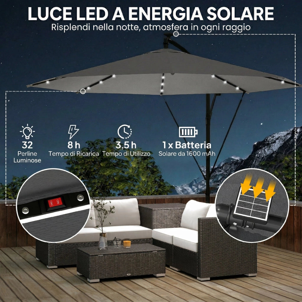 Ombrellone a Sbalzo 3 m con Luci LED Solari, da Giardino, Colore Grigio
