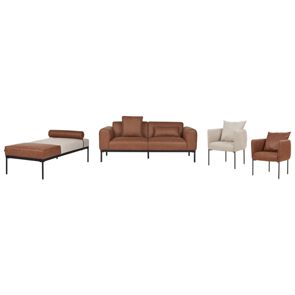 Chaise longue in lino sintetico ecopelle beige e marrone con gambe nere in ferro stile elegante