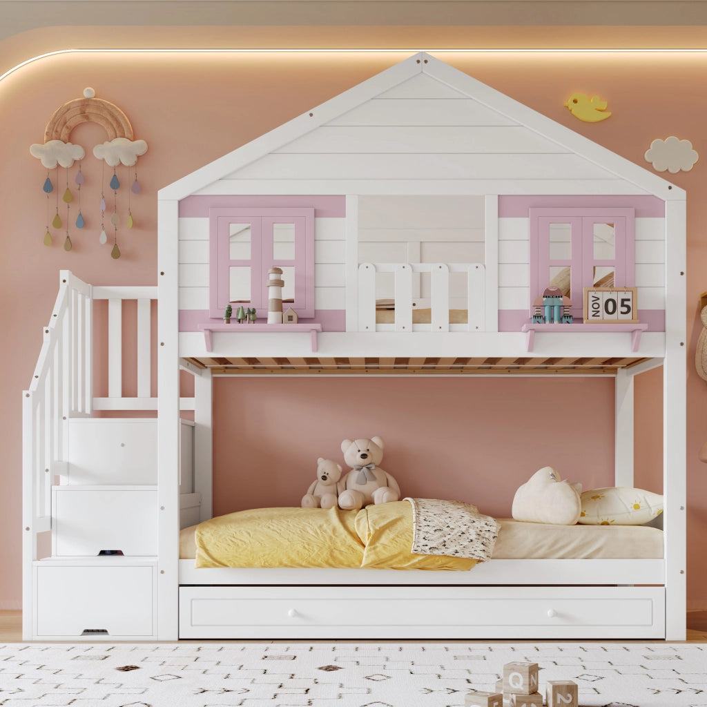 letto a castello in legno massello e mdf bianco rosa 90x200 cm
