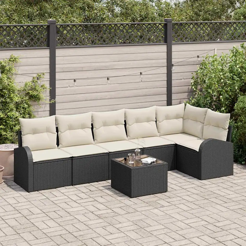 Set Divano da Giardino con cuscino 7 pcs Nero Poly Rattan