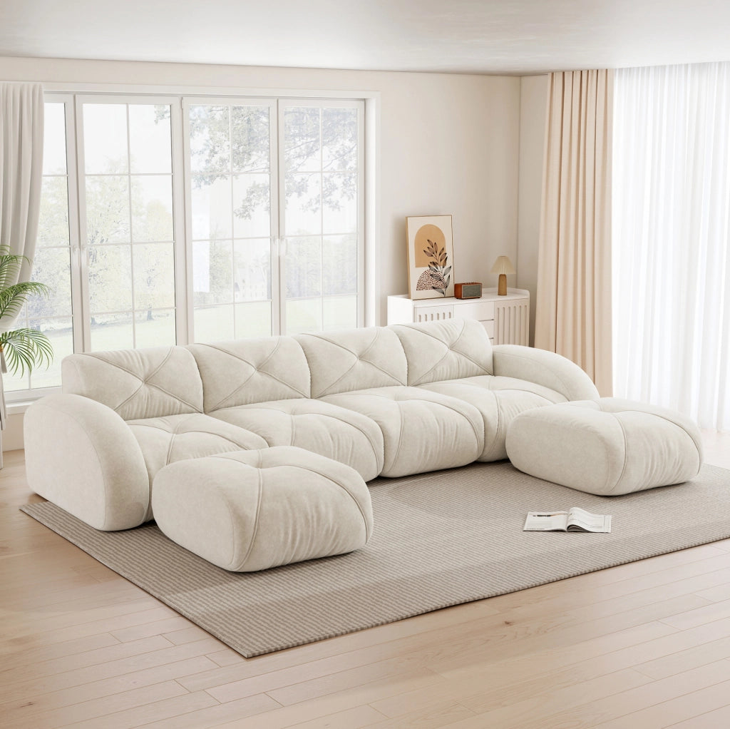 Divano modulare a U 4 posti in ciniglia beige chiaro con 2 pouf HOMVRA