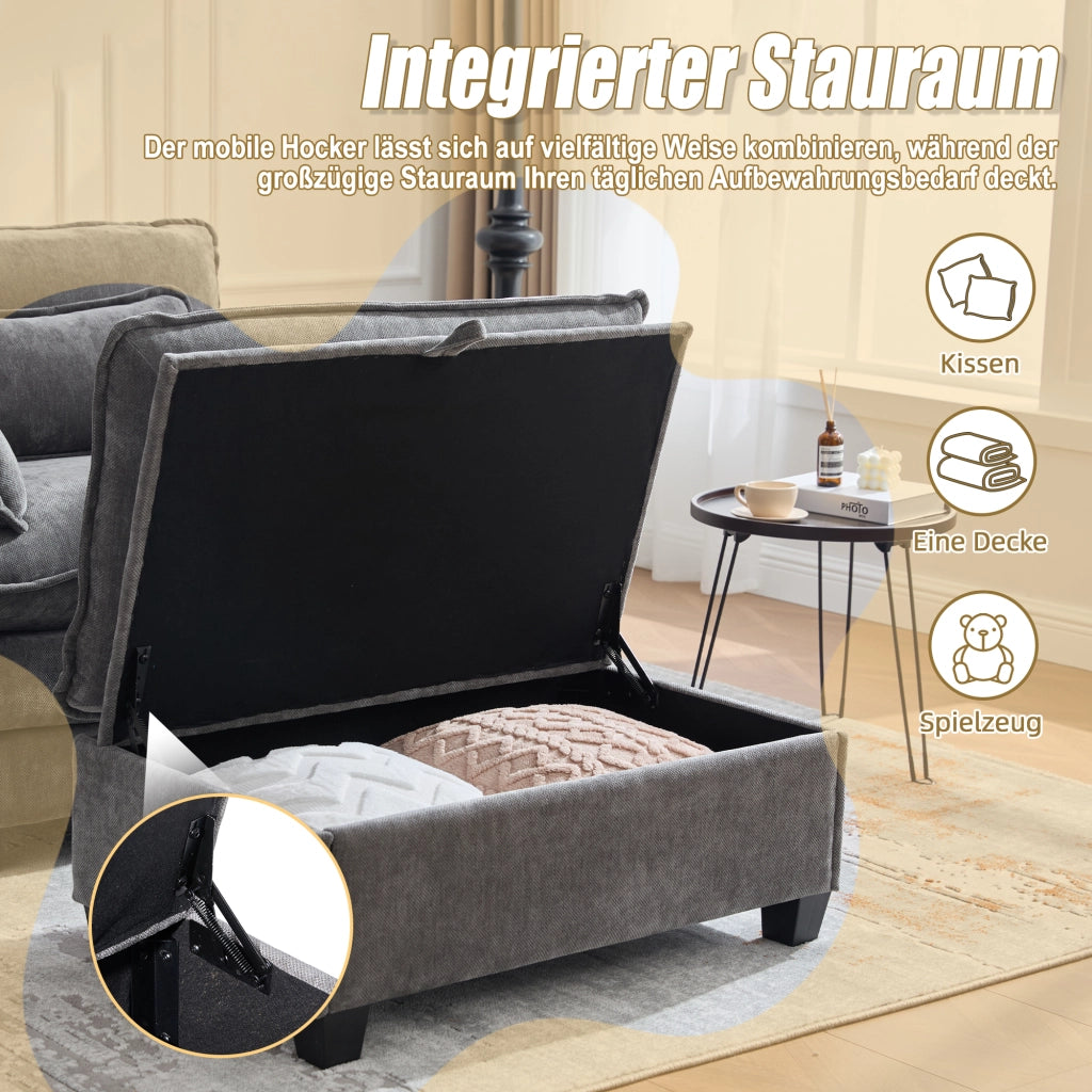 Poltrona con pouf contenitore e tasche laterali per salotto e camera, in ciniglia, Grigio