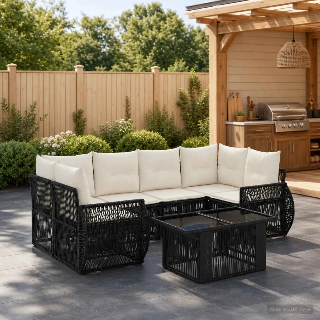 Set Divano da Giardino 7 pz Nero e Bianco Crema polyrattan 3436903