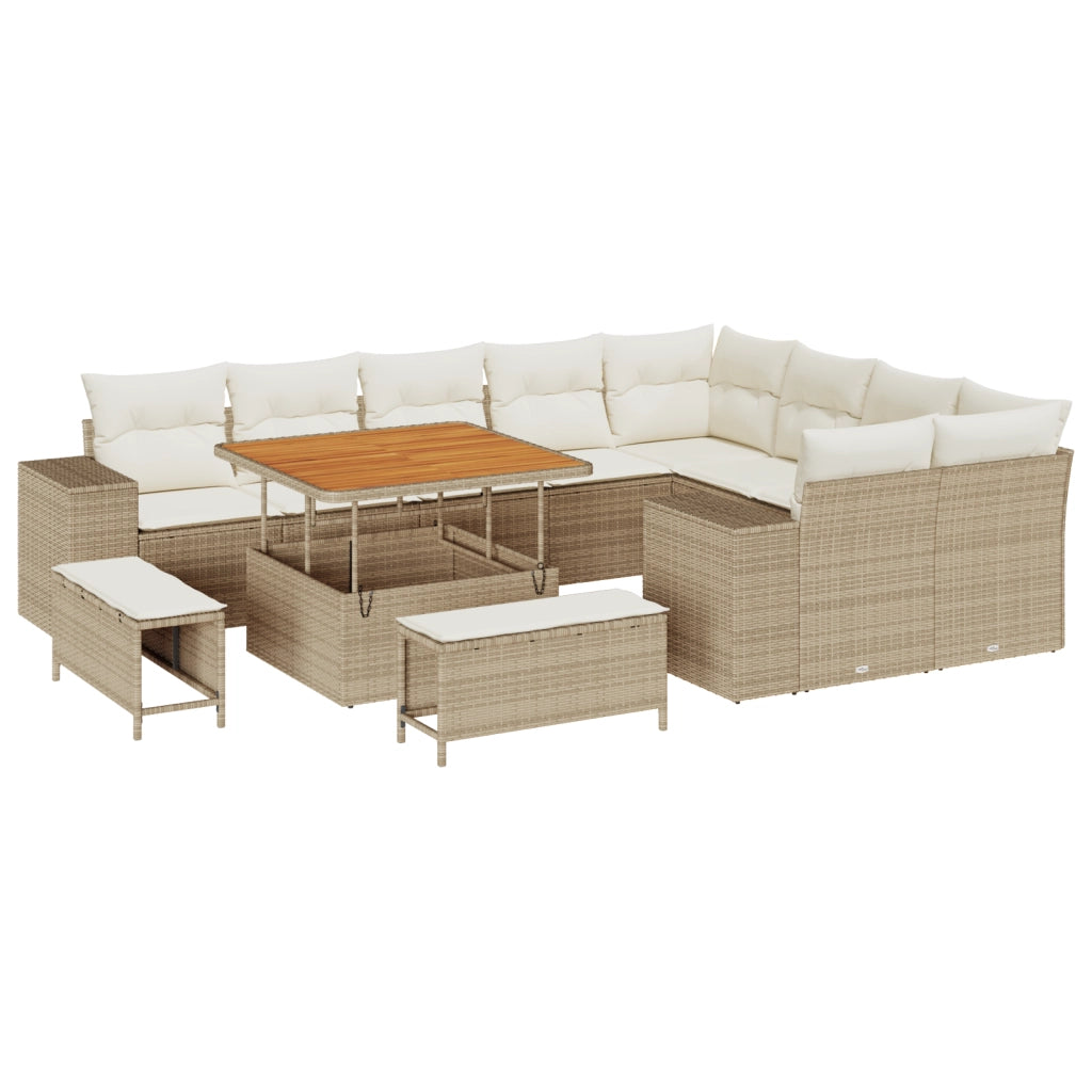 Set Divano da Giardino con Cuscini  da 12 Pezzi Beige Polirattan Acacia