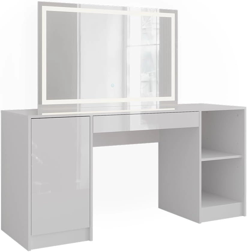 Tavolo da toeletta Sherry, Bianco/bianco lucido, 158.2 cm con specchio LED