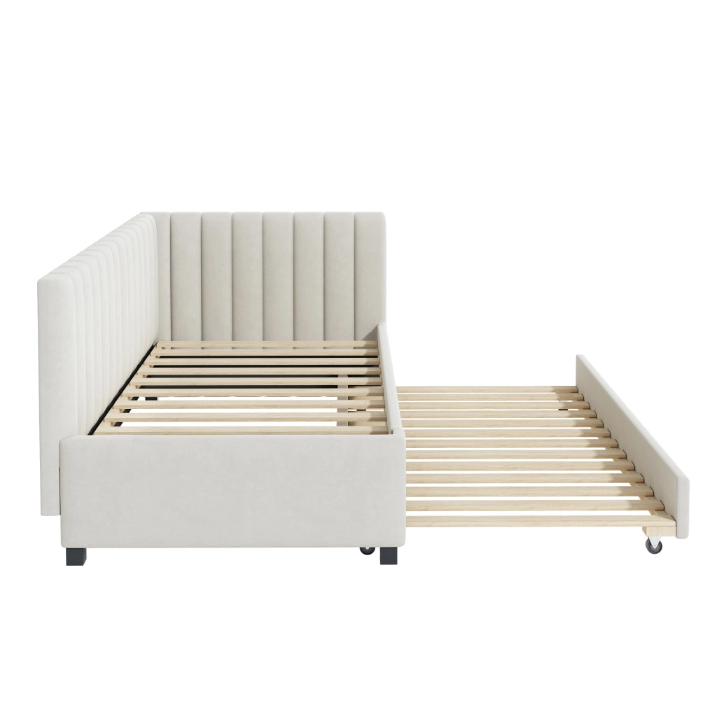 Letto poltrona con rete a doghe velluto beige 90x200 cm