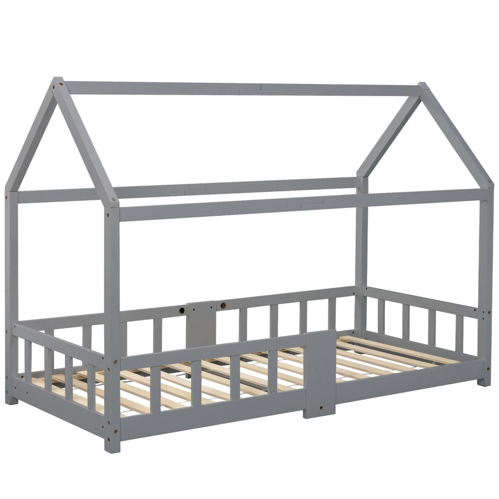 Letto a casetta per bambini 90 x 200 cm in legno di pino grigio con lavagna e sponde di sicurezza