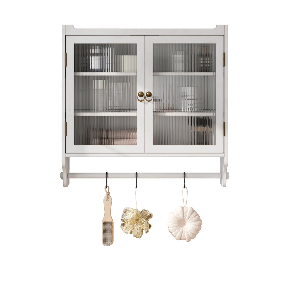 Pensile con 2 Ante; 3 Ripiani e Portasciugamani per Bagno in Legno; 63 × 18 × 60 cm; Bianco Decapato