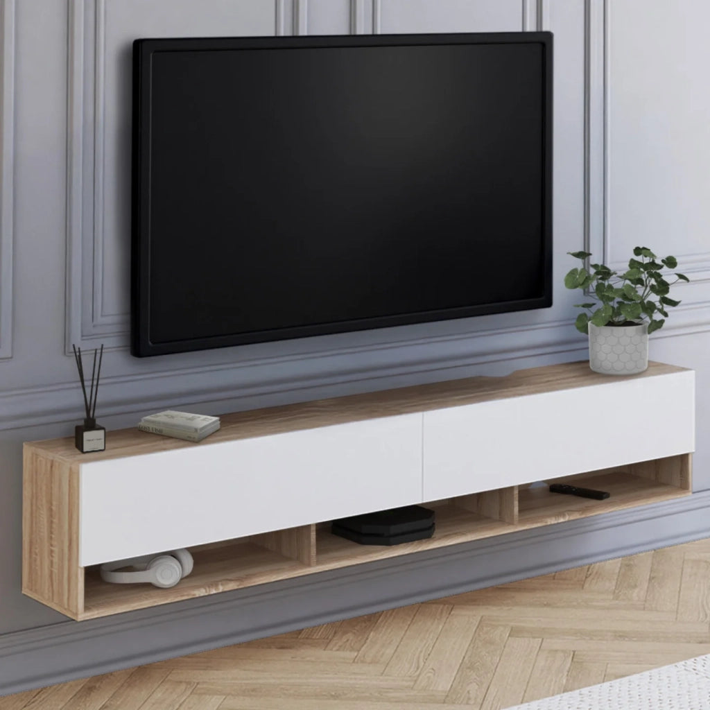 IDMarket - Mueble TV suspendido ELIO 2 puertas con estantes de madera y blanco 180 cm