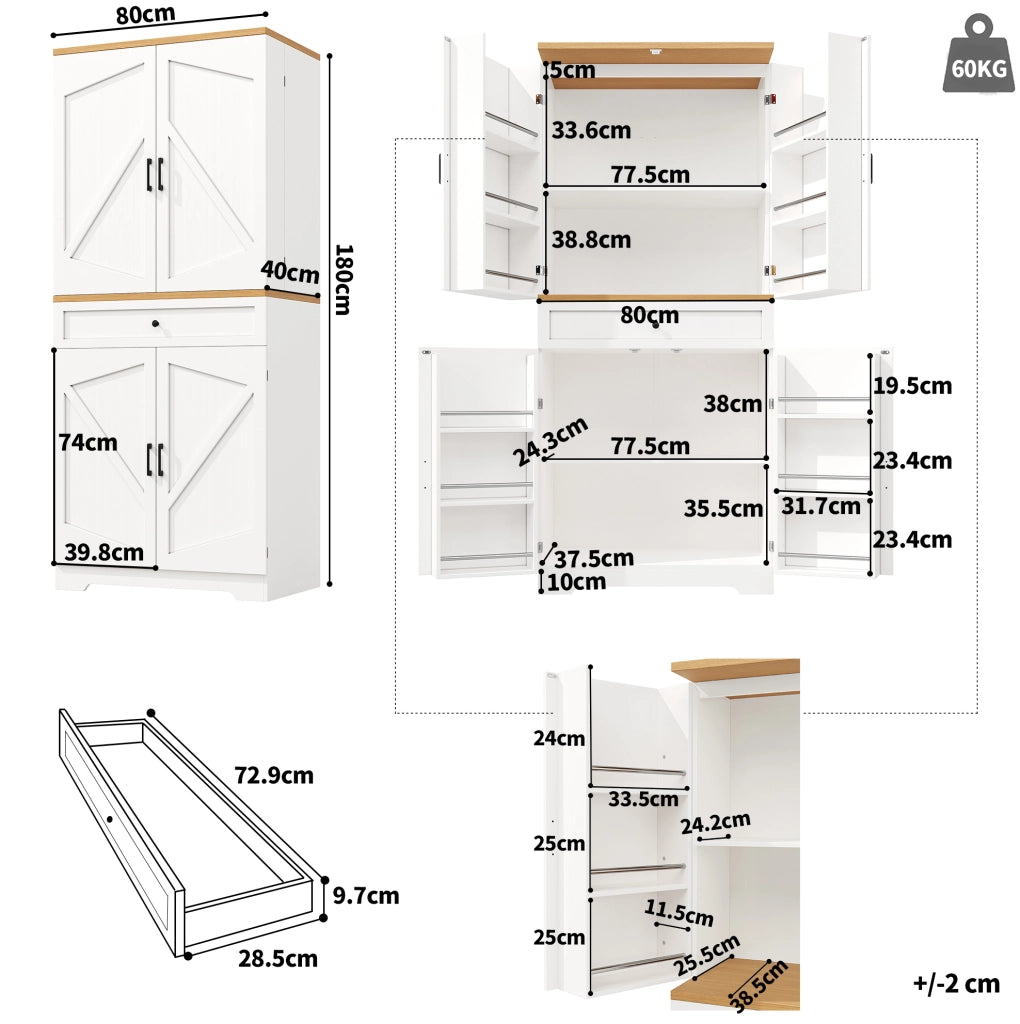 Colonna dispensa bianca con ripiani snack e cassetti, 80x40x180 cm