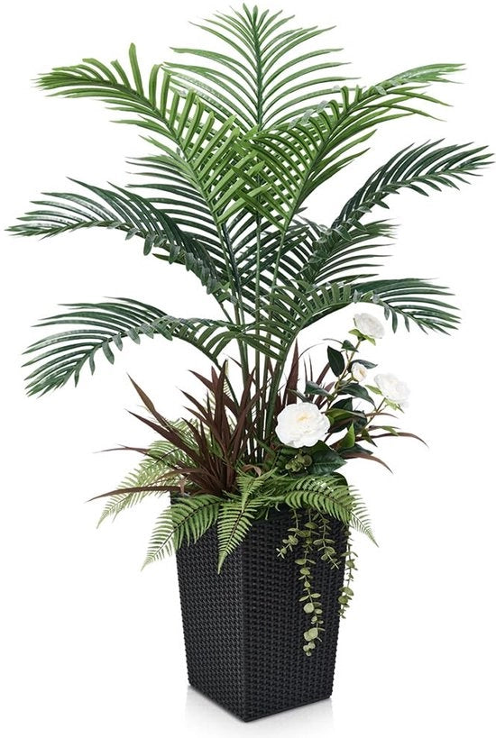 Pianta Artificiale Tropicale Gialla Grande 120 cm - Pianta Finta con 5 Tipi di Foglie in un Vaso Nero, Resistente ai Raggi UV & Realistica - Palma Decorativa per Salotto, Terrazzo, Ufficio, Giardino