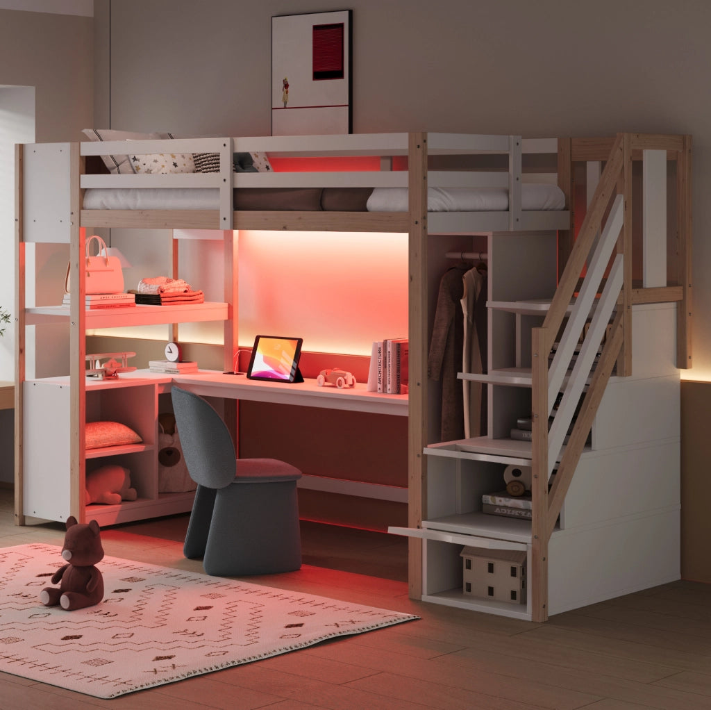 Letto a soppalco 90x200 cm con scrivania, armadio e LED