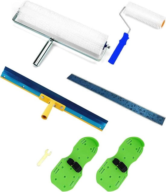 Kit di rivestimento per pavimento per superfici grandi: rullo di scarico e morsa a punta con asta telescopica per massa di livellamento pavimento muro