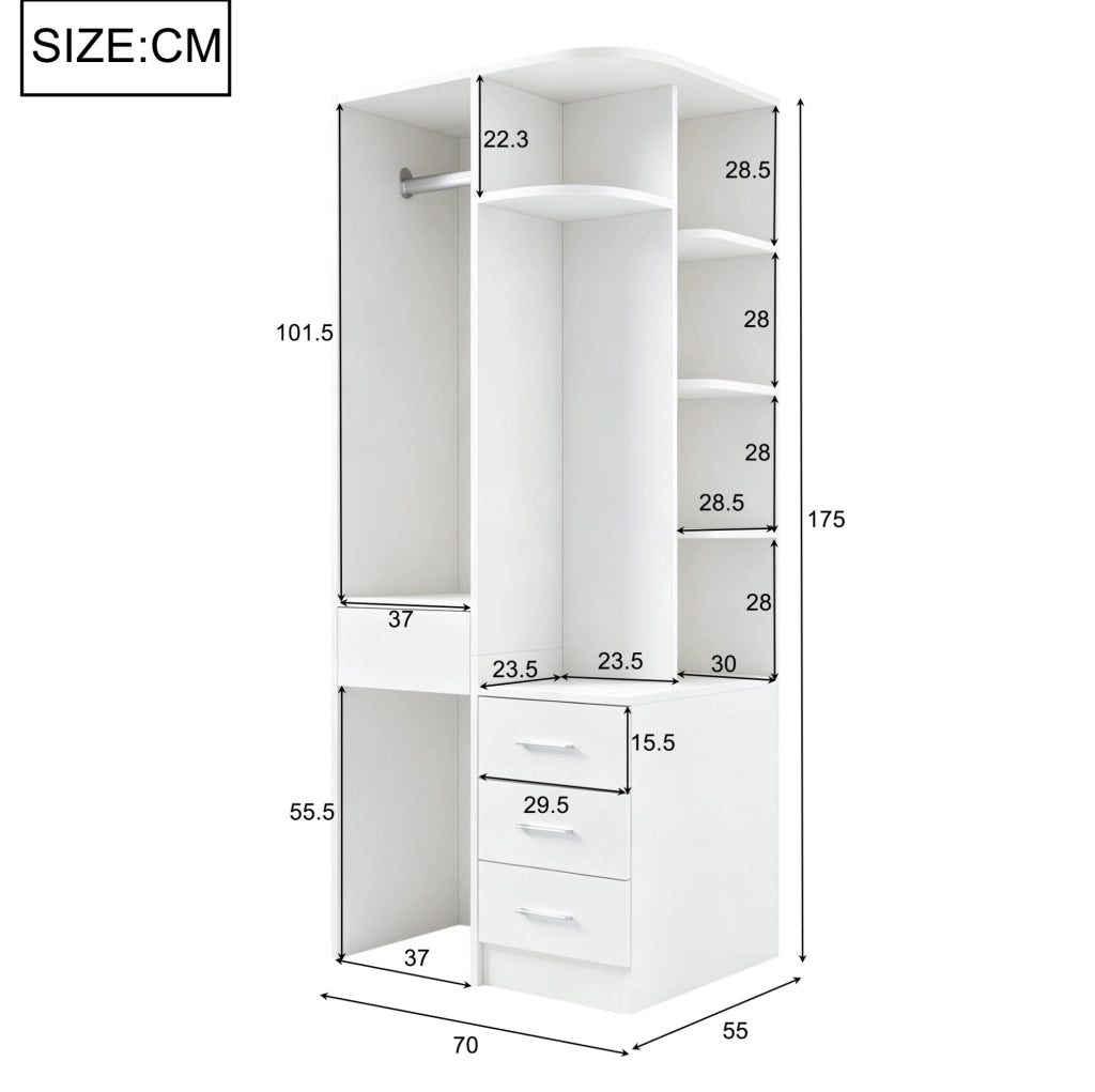 Armadio freestanding 70 x 55 x 175 cm con ripiani; vani aperti e cassetti; bianco