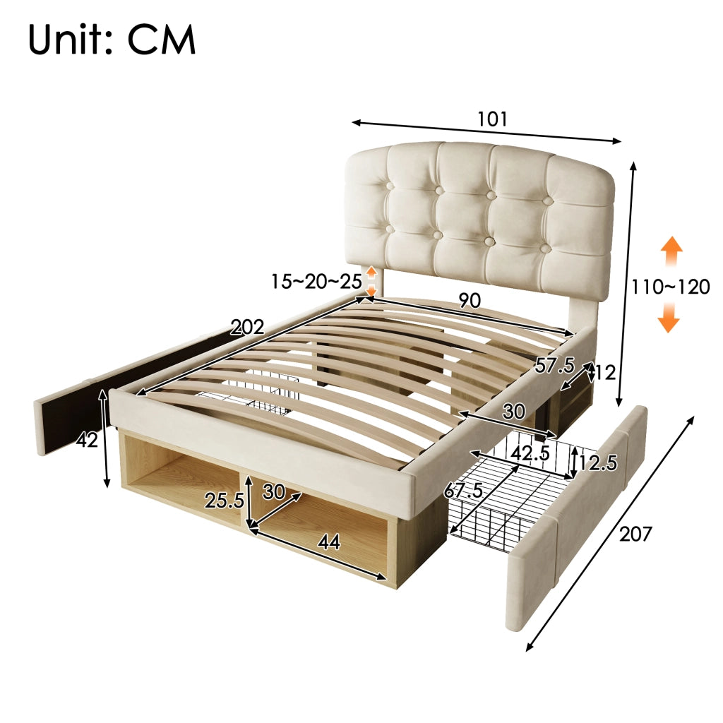 Letto singolo imbottito – 90x200 cm – cassetti contenitore testiera regolabile – velluto beige