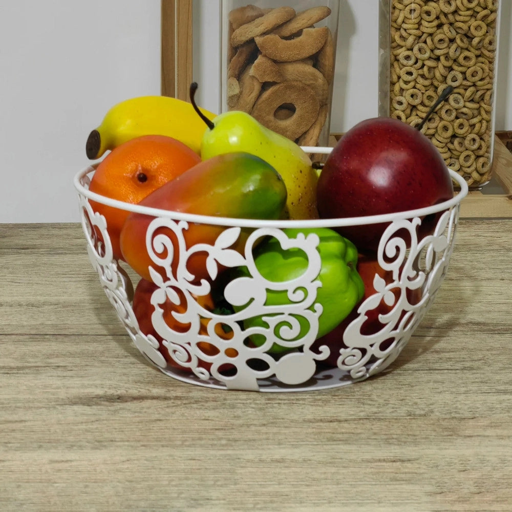 Trade Shop - Centrotavola Portafrutta Pane In Metallo Bianco H12xø24 Cm Design Traforato Decorativo -