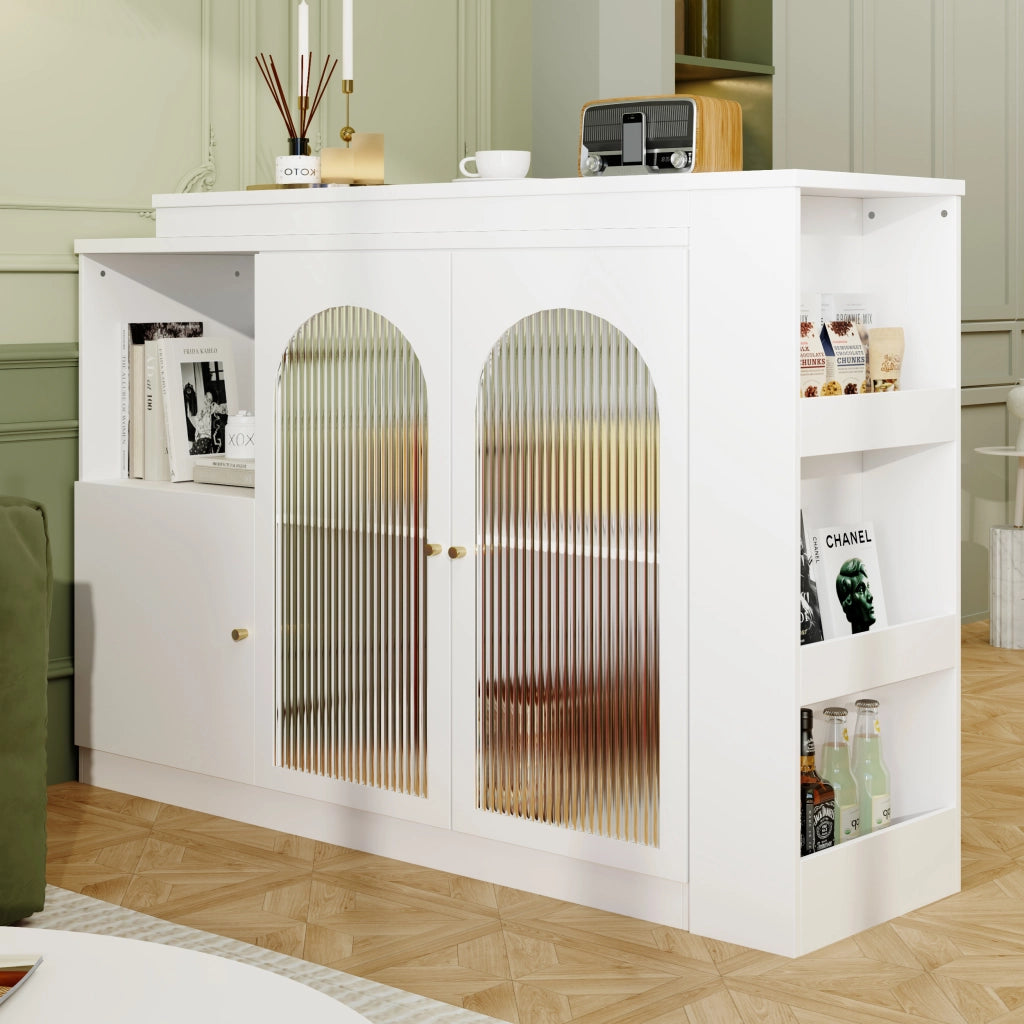Mobile Bar Girevole con Anta in Vetro; Ripiani Aperti e Vano Contenitore Chiuso per Cucina e Sala da Pranzo; Bianco