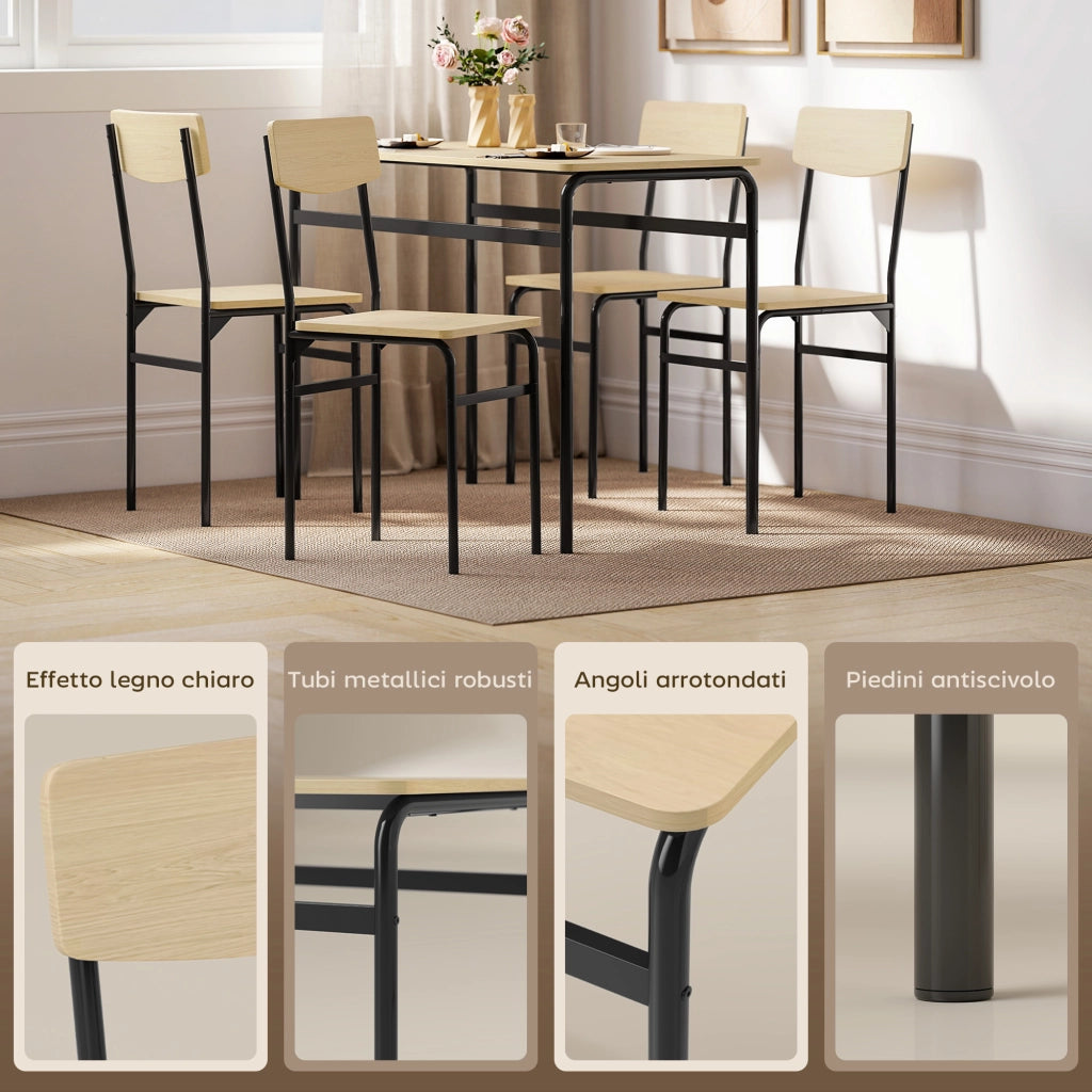 Set da Pranzo 5 Pezzi con Tavolo Rettangolare e 4 Sedie da Pranzo in MDF e Gambe in Metallo Nero e color Legno